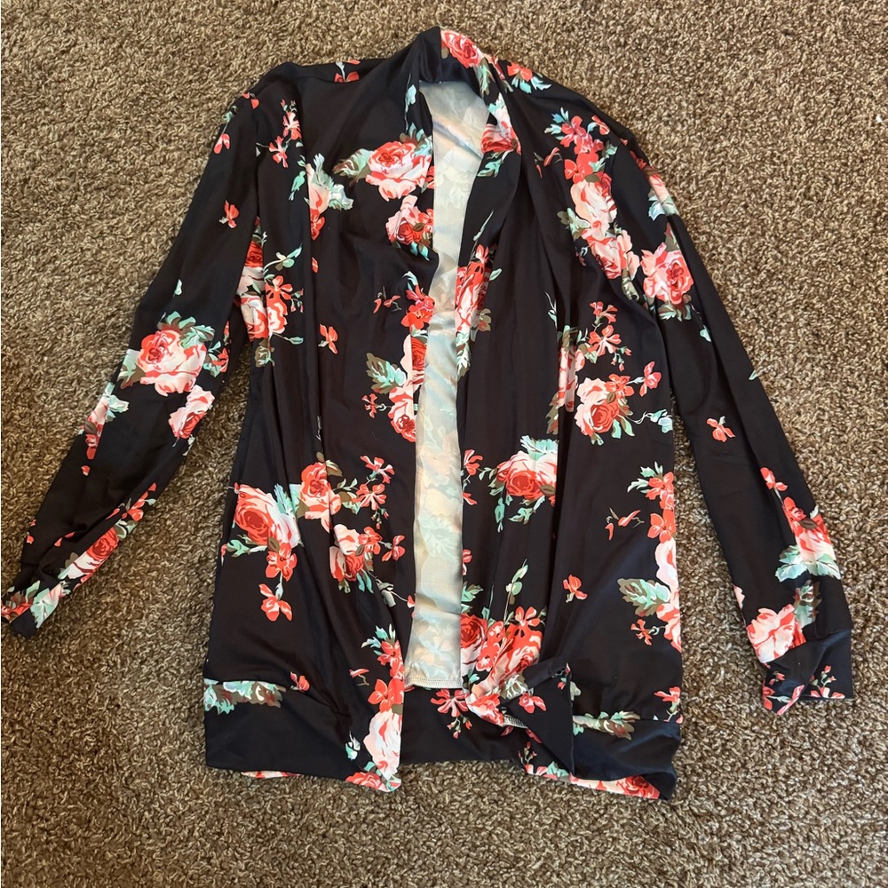 Black Cardigan with Red Floral Design